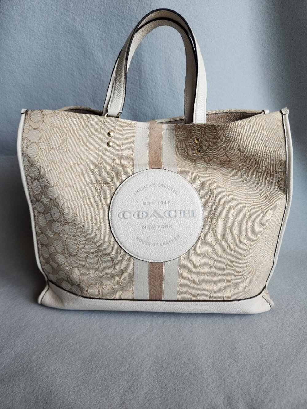 Coach Dempsey Tote 40 in Signature Jacquard Stripe Large Logo Strap Carryall